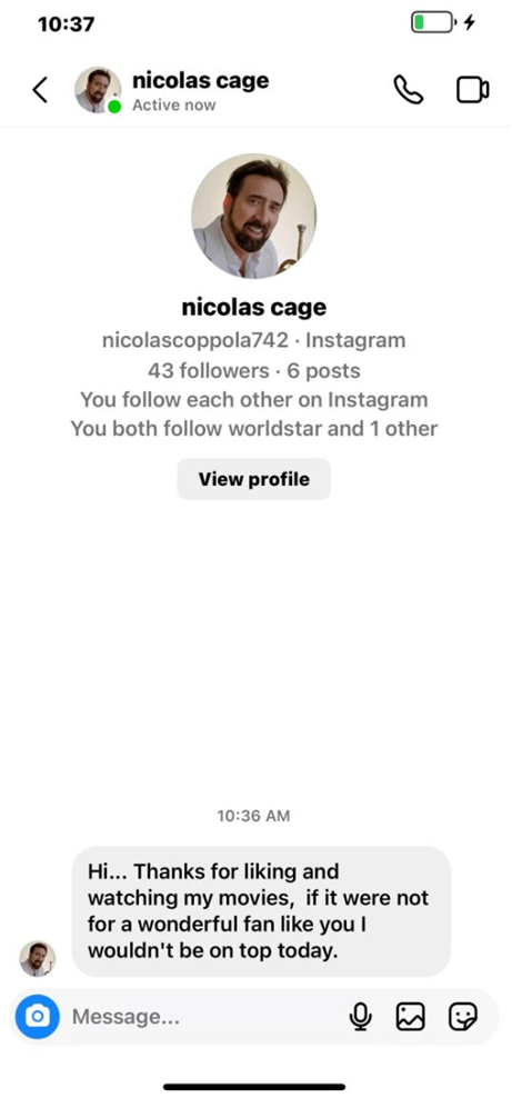 falošný profil Nicolas Cage