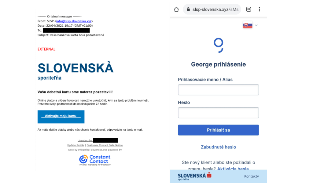 príklad phishingu u Slovenskej sporiteľni