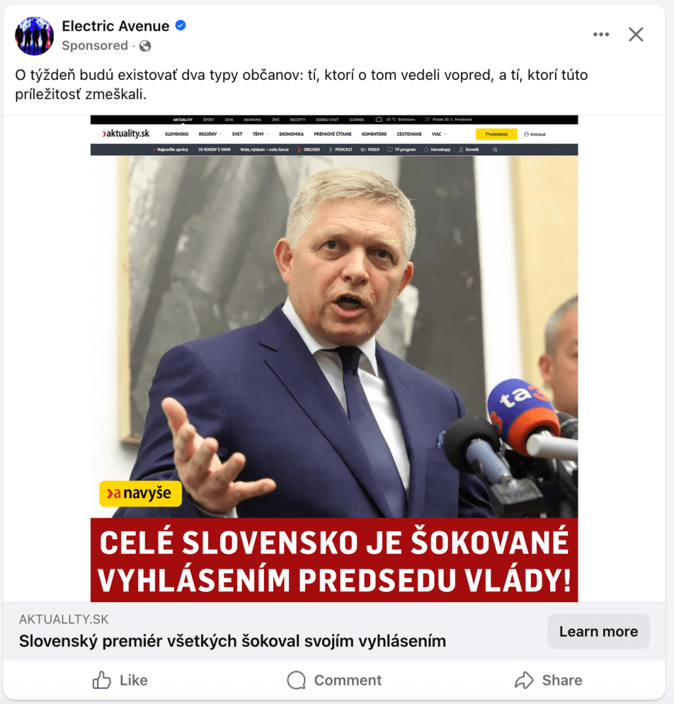 Snímka obrazovky sponzorovaného príspevku na Facebooku