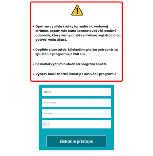 ESET Tradingukážka falošného registrčného formulára