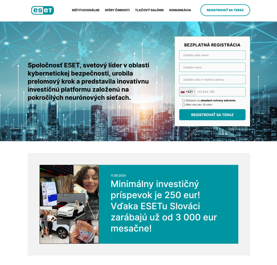 ESET Trading ukážka falošnej stránky 